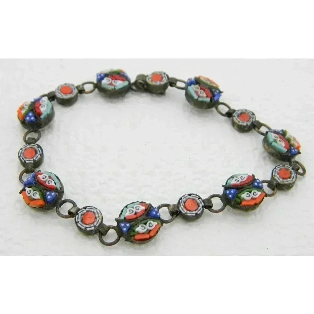 Vintage Italy Silver Toned Filigree Micro Mosaic Floral Glass Bracelet - 7.25"